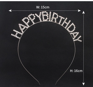 Silver metal Happy Birthday headband with rhinestones measuring 15cm wide and 16cm high
