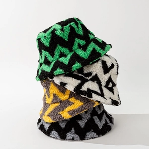 Chapeau Bob Hiver Chaud Laine D'agneau Motif Géométrique Zigzag Épais Polaire Pour Hommes Femmes Style Streetwear