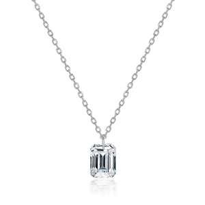 Minimalist S925 sterling silver necklace with emerald cut square zircon on white background