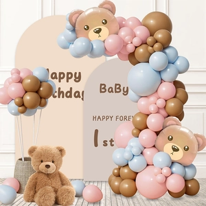 Pink and blue balloon arch with teddy bear foil balloons for birthday party decor