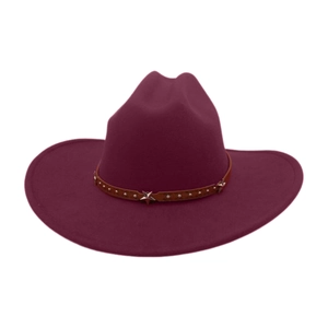 Detail of burgundy wool cowboy hat with leather band and silver star studs