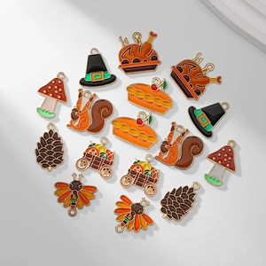 Thanksgiving turkey and pumpkin enamel charms set in gold alloy for jewelry making