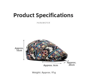 Detailed size specifications of the ethnic pattern flat cap with dimensions and weight info