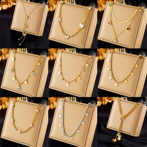 Women Fashion Stainless Steel Necklace Butterfly Star Evil Eye Heart Rhinestone Multi Layered Pendant Necklace Jewelry