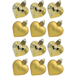 Set of 12 gold heart-shaped Christmas ornaments with matte and glossy finishes