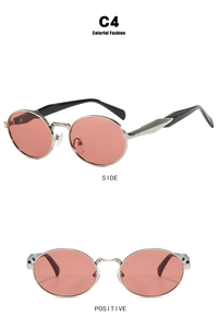 Oval silver metal sunglasses with pink lenses shown in side and front views