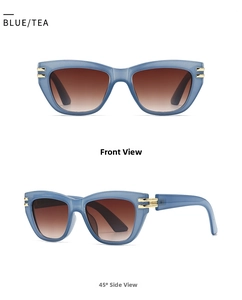 Front- und 45-Grad-Seitenansicht der blauen Cat-Eye-Sonnenbrille mit Teegradient-Gläsern