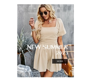 Detail of beige square neck romper with pleated waist and woven clutch bag accessory