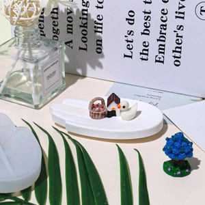 Miniature palm tray resin mold set with tiny house, basket, and blue decorative tree