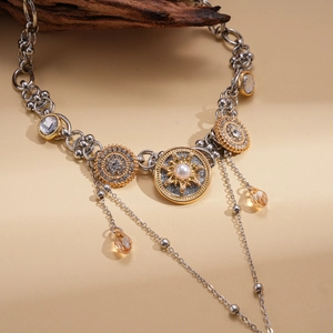 Vintage baroque necklace with pearl sun pendant and amber glass waterdrop charms