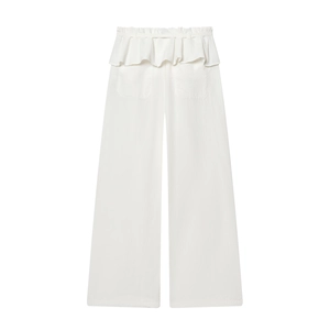 Pantalon blanc large pour femme avec taille à volants élégante et poches à l'arrière