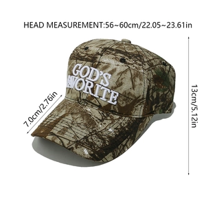 Size chart for camouflage baseball cap with 3D embroidery showing cap height and brim length