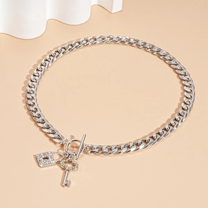 Silver Cuban chain necklace with sparkling rhinestone lock and key pendants with OT clasp