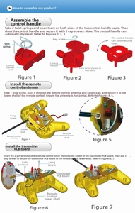 Assembly guide for wireless remote controller showing PCB, antenna and internal parts