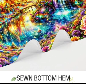 Detail view of the sewn bottom hem on the fantasy waterfall 3D digital shower curtain
