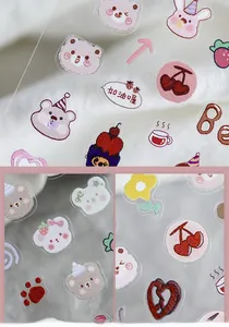 Macro detail of thin bear and bunny embroidery style 3D nail art stickers with relief texture