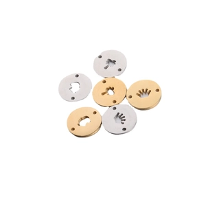 Polished stainless steel round pendant charms with elephant and palm tree cutouts