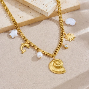 Gold stainless steel Cuban chain necklace with ocean-themed pendants and pearls
