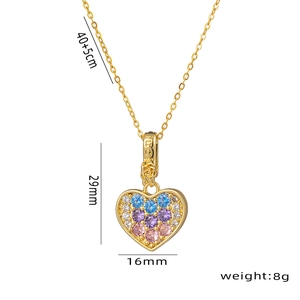 Golden heart necklace with gradient colorful zircon stones and Lucky engraving on buckle