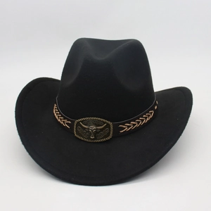 Detail of western cowboy hat featuring leather band and bronze bull head metal emblem