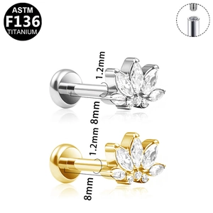 Macro detail of G23 titanium lotus labret stud with white zircon and internal threading