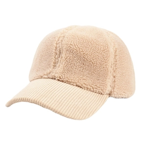 Winter beige sherpa baseball cap with corduroy brim and fleece texture