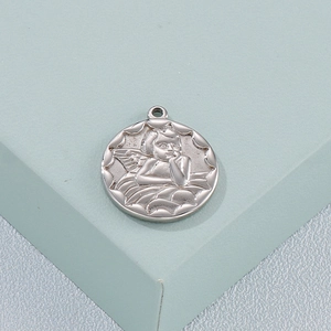 Retro stainless steel angel relief pendant with wavy border on mint green background
