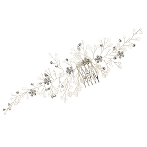 Elegant crystal bridal hair comb with silver leaf pattern and rhinestones on white backdrop