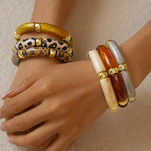 Stackable acrylic tube bracelets with leopard print and marble textures for women