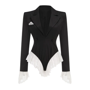 Detail of V-neck bodysuit blazer featuring elegant lace stitching on the sleeves