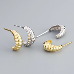 Croissant Hoop Earrings 925 Sterling Silver Ribbed C Shape Geometric French Retro Minimalist Jewelry For Women