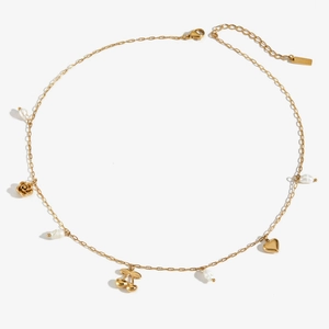 Stainless Steel Necklace With Artificial Pearls Cherry Rose Flower And Heart Pendants PVD Plated Elegant Jewelry For Women