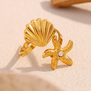 18K gold plated stainless steel ocean theme ring featuring starfish and shell designs