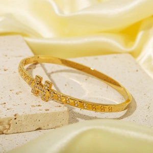 Luxury H Letter Bangle Bracelet Stainless Steel 18K Gold Plated Cubic Zirconia Inlaid Elegant Fashion Jewelry For Women