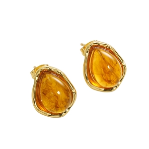 French style gold-plated stainless steel stud earrings with amber resin water drops