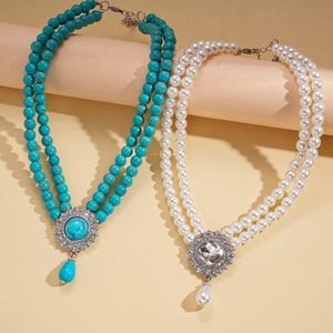 Bohemian double-layer necklace set with turquoise beads, white pearls, and teardrop pendants