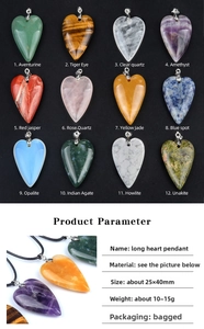 Macro detail of 25x40mm heart-shaped natural crystal pendants with size specifications