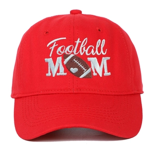 Distressed red cotton baseball cap with Football MOM embroidery and heart design