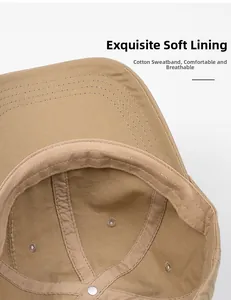 Detail of soft cotton sweatband and breathable lining inside the khaki baseball cap