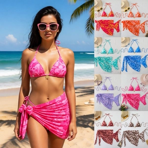 Women Halter Bikini Top And Side Tie Bottom With Sarong Wrap Skirt Hibiscus Floral Print Sexy Polyester Swimwear
