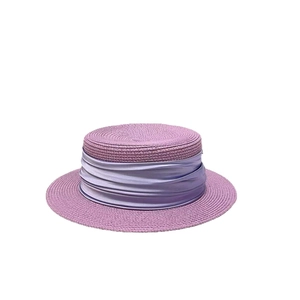 Elegant purple flat top straw hat featuring a wide pleated satin ribbon decoration