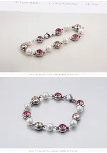 Detailed shot of pink crystal and pearl beaded bracelet with a silver lobster clasp