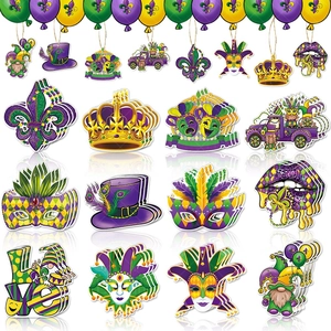 Mardi Gras Hanging Ornaments Paper Tags Carnival Party Decoration Mask Crown Gnome Purple Green Gold Masquerade