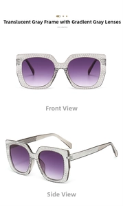Detail view of transparent grey square sunglasses with rhinestones and gradient lenses