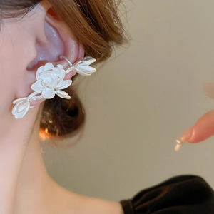 Silver matte lotus flower ear cuff wrap earring with elegant floral branch design