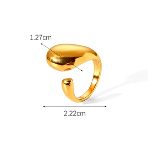 Polished 18K gold stainless steel open ring with fluid water drop shape and mirror finish