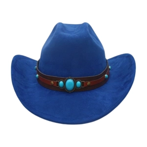 Detail of blue suede western cowboy hat featuring turquoise gemstone and leather band