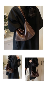 Detailed views of the dark brown leather hobo bag showing its large capacity and soft texture