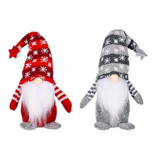 Plush Christmas gnome dolls with knitted snowflake hats in red and grey colors