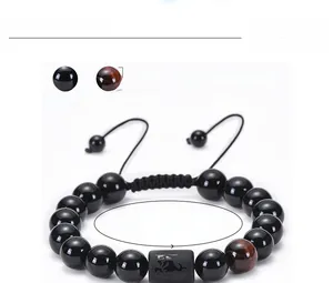 10mm black agate and tiger eye beaded bracelet with adjustable cord and Capricorn charm